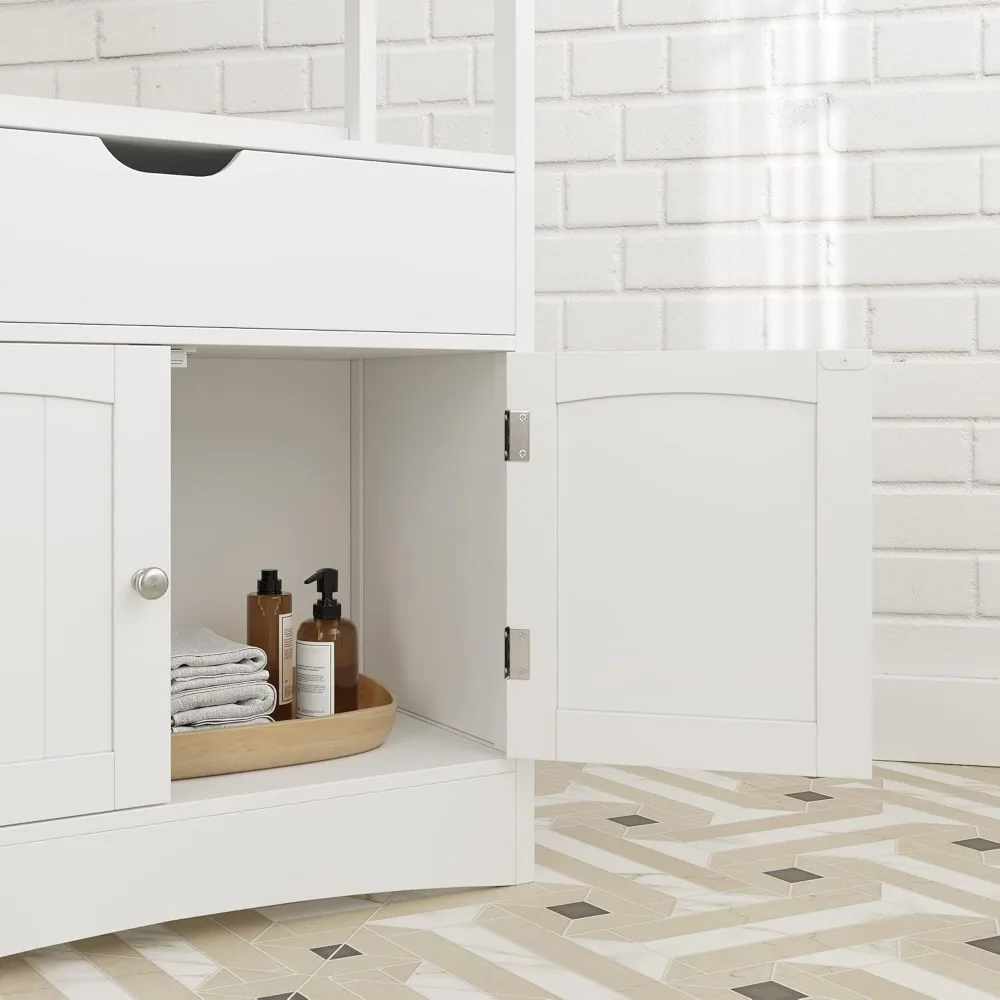 Gabinete de almacenamiento para baño, torre de lino independiente, librería alta con 2 estantes abiertos, 1 cajón grande, 12,8 x 23,6 x 48 pulgadas