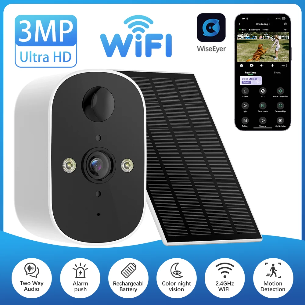 Wireless Battery Camera 3MP WiFi Security Camera Solar Powered Home Surveillance Protection Human Detection Two Way Audio
