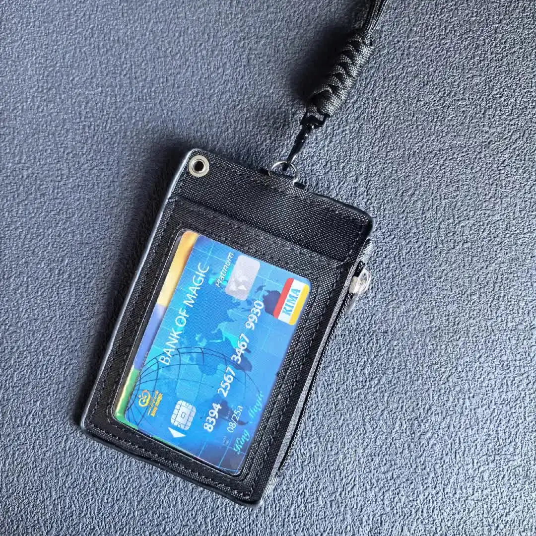 ID Card Holder Zipper Pocket 2 Sided 5 Cards Slots Keychain