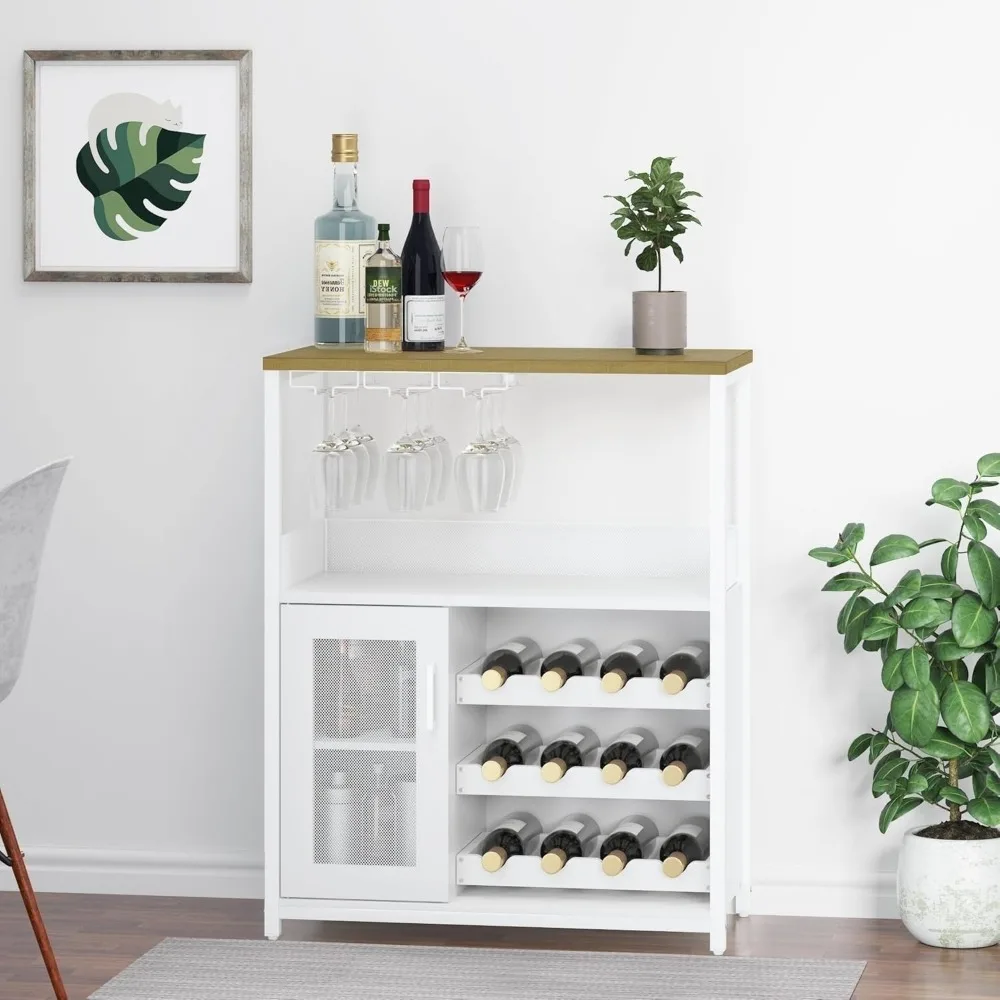 Wine Bar Cabinet with Detachable Rack, Storage and Glass Holder, Mesh Door, Compact Buffet Sideboard for Home