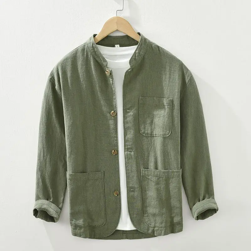 Japanese Vintage Linen Long-sleeve Shirt for Men, Trendy Multi-pocket Stand-up Collar Shirt Fashionable Loose Shirt