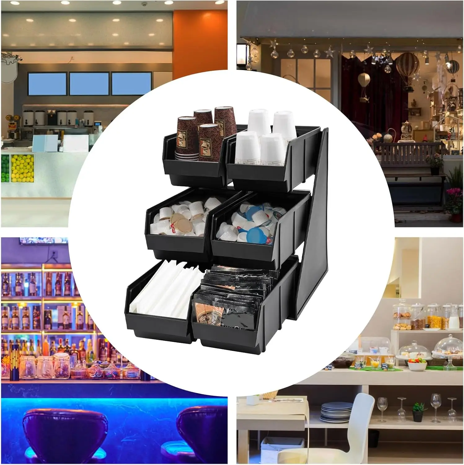 

Serve Condiment Bin 6 Compartments 3 Tiers Wall Mount Plastic Storage Bins Countertop Condiment Organizer for Stores Home