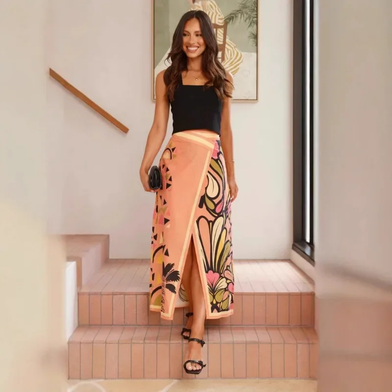 

Summer Resort-style Printed Casual Women's Skirt Elegant Retro Green Irregular Skirt Elastic Comfortable Midi Skirt Goth Skirt