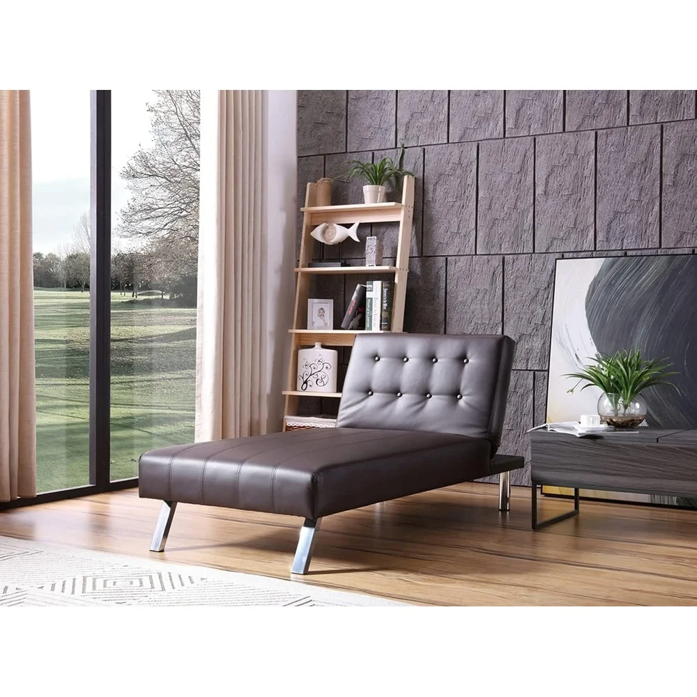 Convertible Chaise Lounge Adjustable Futon Sleeper Faux Leather Button Tufted Back Modern Design with Lumbar Support Pillow