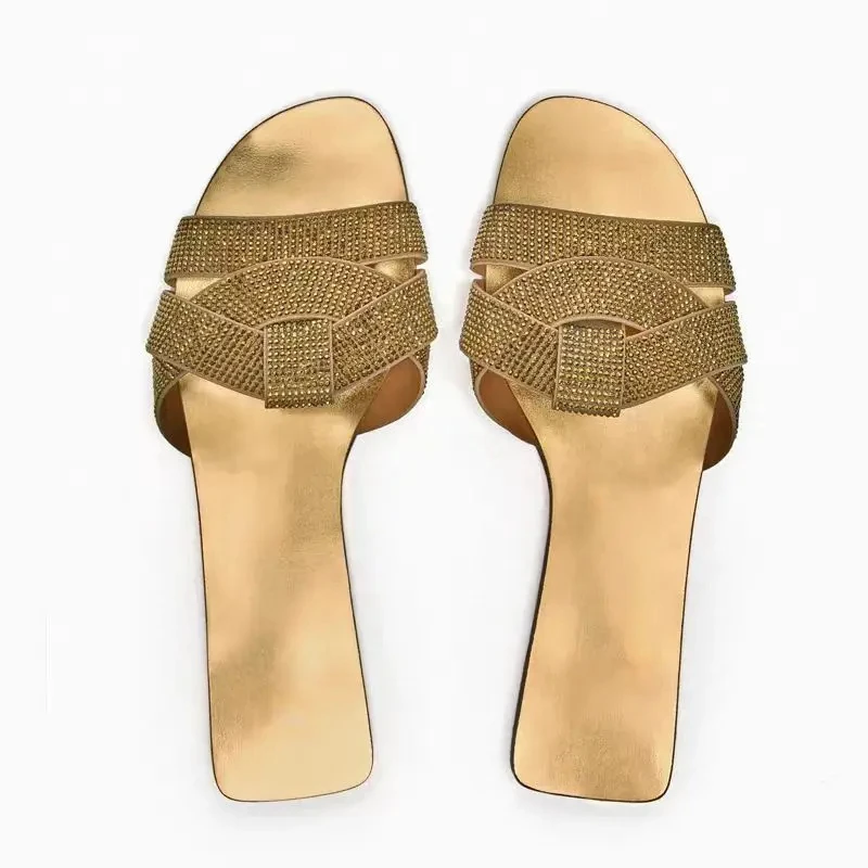 TRAF Gold Rhinestone Upper Flat Slippers Women Round Head Open Toe Indoor Shoes Summer Leisure Cozy Slipper Sandals For Woman