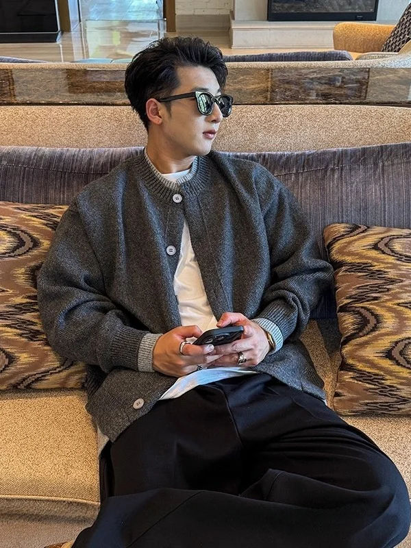 

Lazy Sle Men's Knitted Cardigan Double Layer Fake Two-Piece Heavyweight Sweater Jaet Faionable Urban Wear