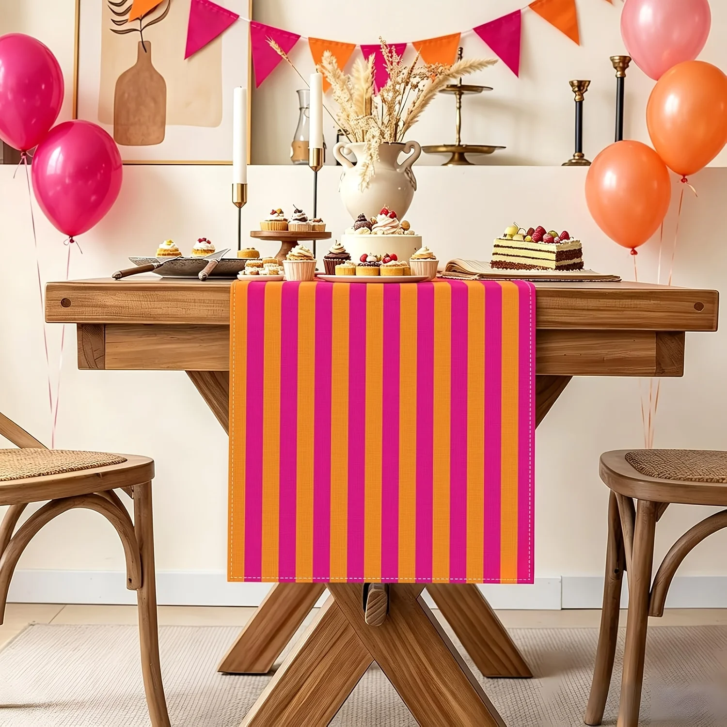 Hot Pink Orange Stripe Table Runner Sunset Wedding Bridal Shower Fiesta Birthday Party Kitchen Dining Home Table Decor