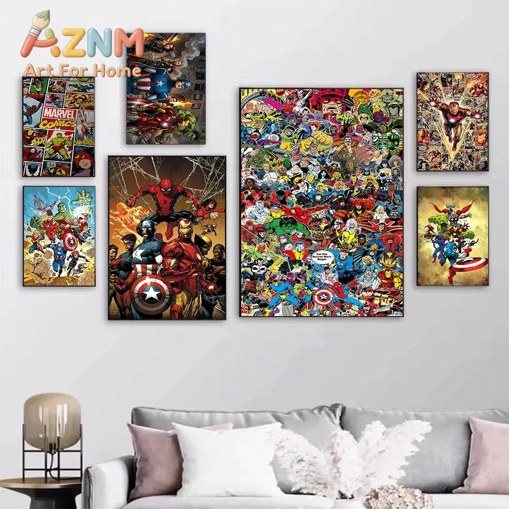 Superhero Marvel Comics Canvas Wall Art Spider Man Iron Man Captain America Hulk Print Painting Unframed Canvas Poster for Hom