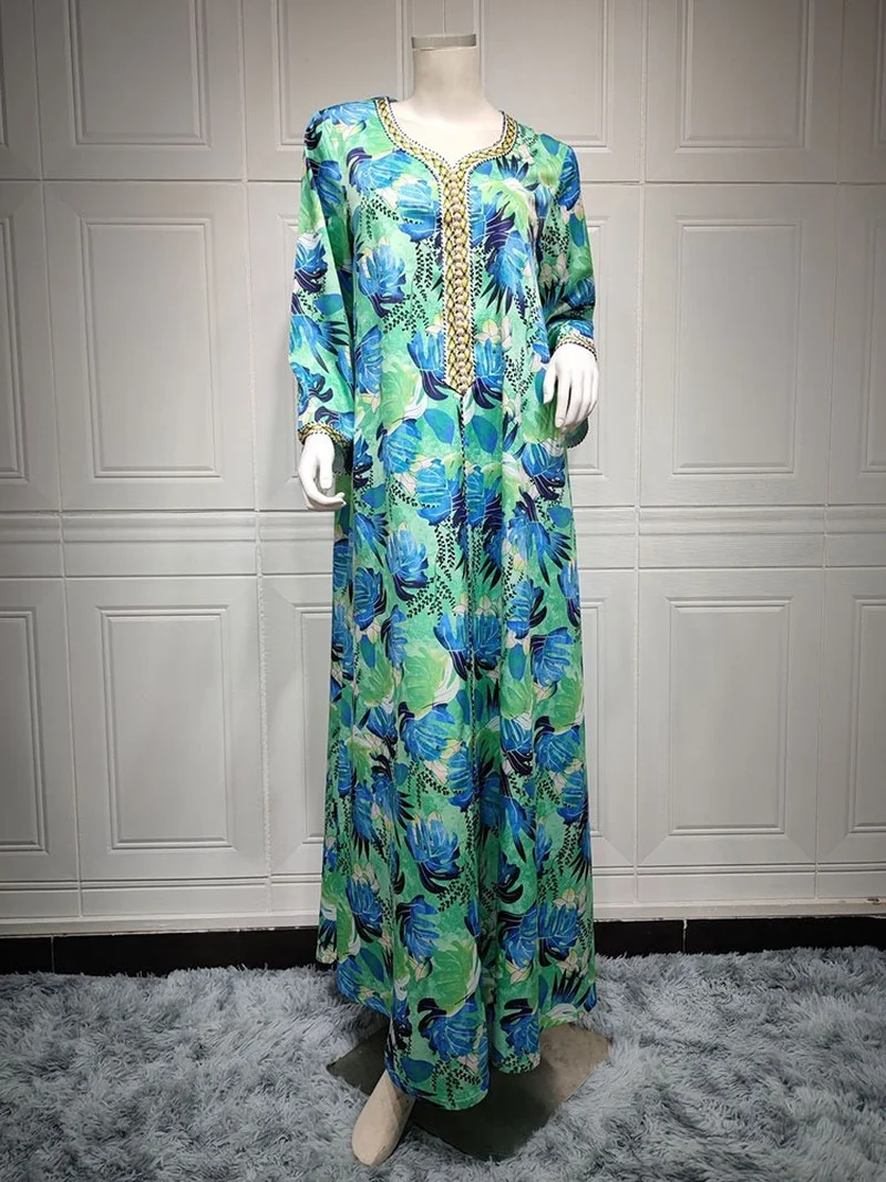 

Ramadan Eid Floral Print Jalabiya Kaftan Braided Trim Arabian Long Dress Women Moroccan Muslim Modesty Dubai Gulf Abaya Green