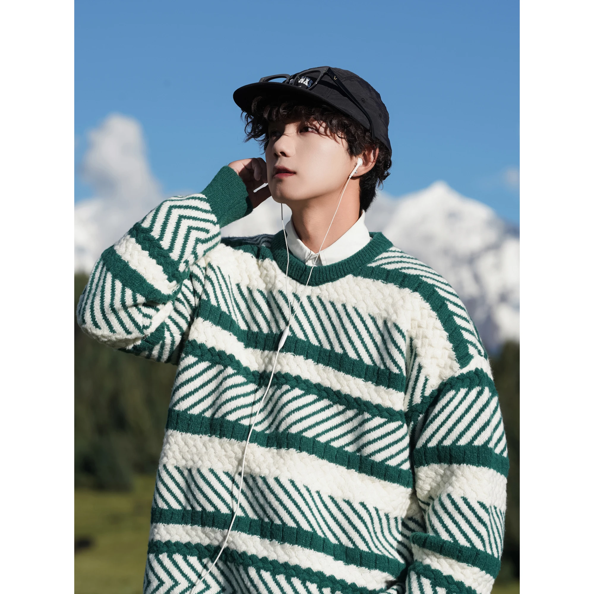 

Мужской вязаный свитер в полоску свободного кроя, зимнее пальто, повседневный свитер с длинным рукавом и круглым вырезом, премиум-качество, вязаный свитер