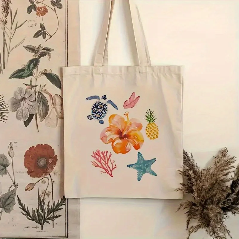 1Printed tropical beach pattern tote bag，Using the sea turtle、Flowers、Brightly colored designs such as pineapple and starfish，Su