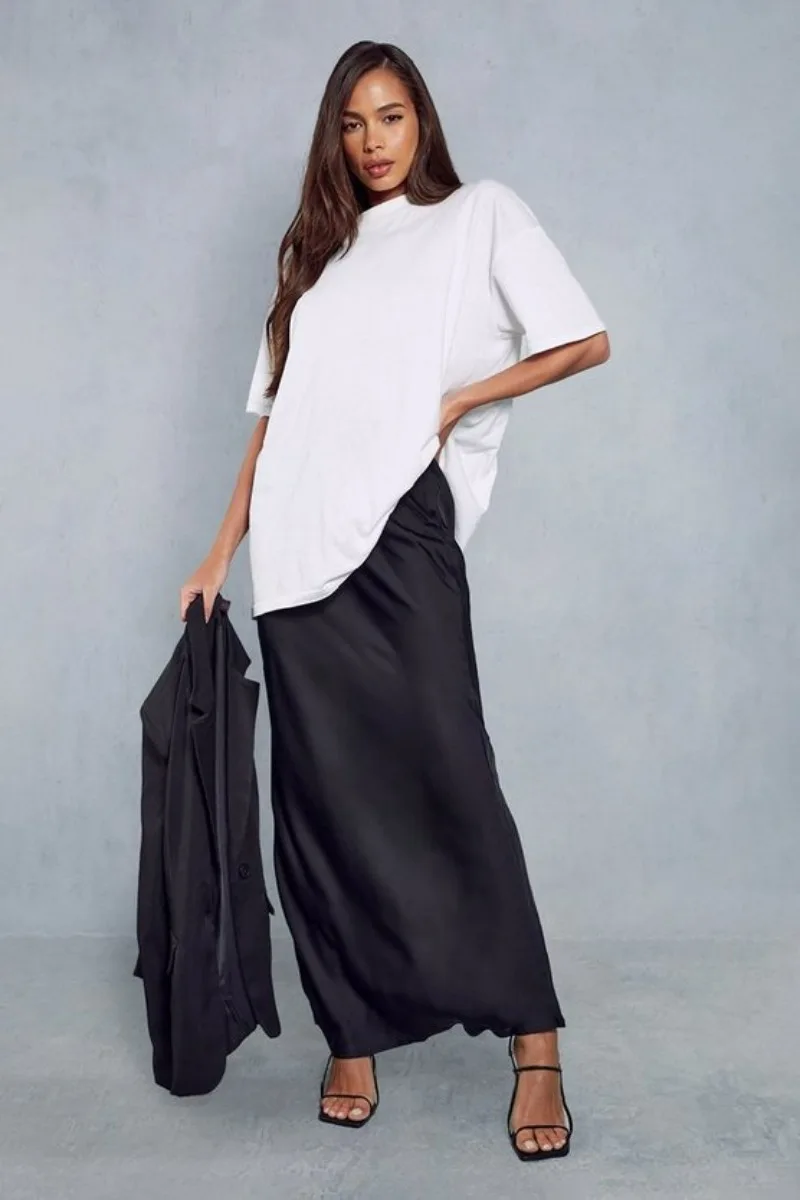 2026 Spring Summer Solid Color Satin Long Skirt For Women High Waist Lace-Up Fashion Elegant Faldas Light Luxury Women's Skirt