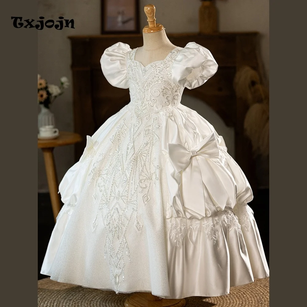 High-end Girl's Ball Gown Puff Sleeve Wedding Flower Girl New Princess Dress Toddler Teens Child Vestido Birthday Clothes 3-14Y