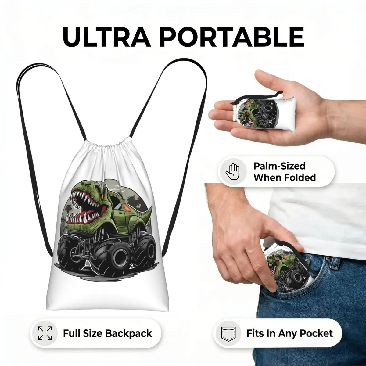 Cartoon Monster Truck In The Mountain Drawstring Backpack Sports Gym Bag Portable Travel Drawstring Bag for Men Women