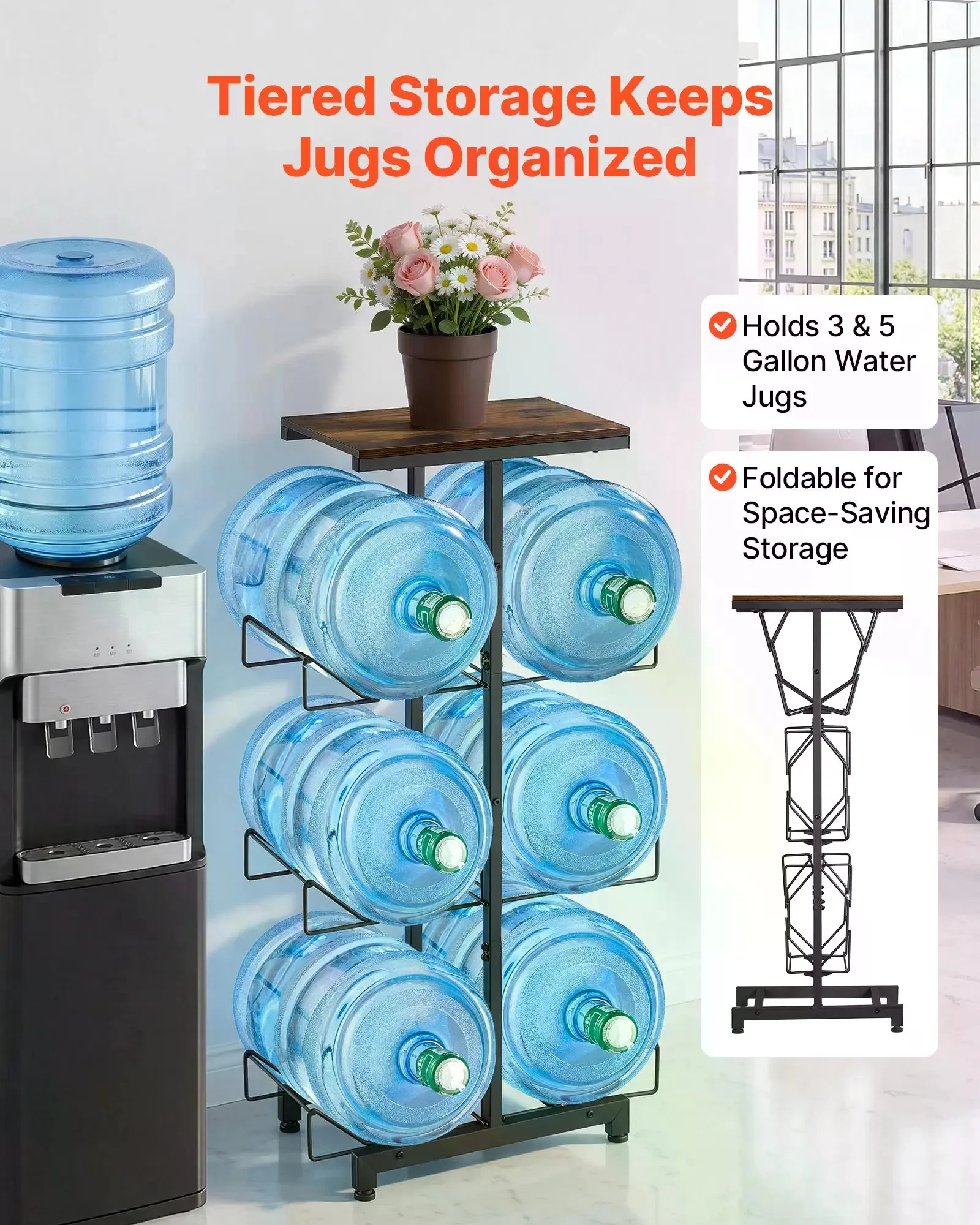 Carbon Steel 4-Layer Adjustable Storage Rack, Heavy-Duty Water Jug Holder, Double Rows for 6 X 3/5 Gal Bottles, Rustproof Frame with Handles, Fold to Save Space for Kitchen, Office