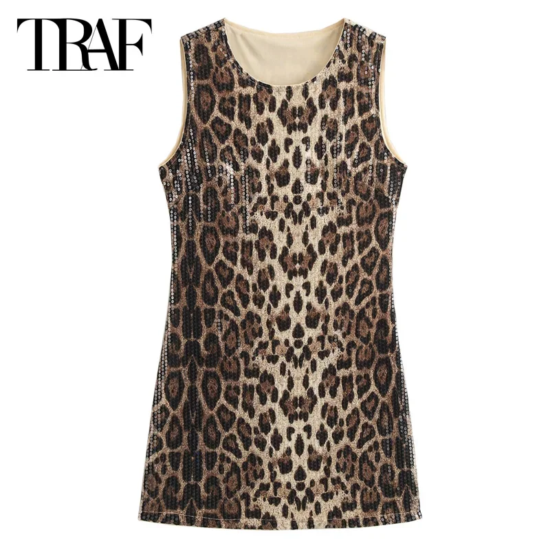 ONKOGENE Leopard Print Pailletten Vestidos frauen Kleid Sommer Herbst Oansatz Ärmellose Kurze Kleider Vintage Casual frauen Kleider