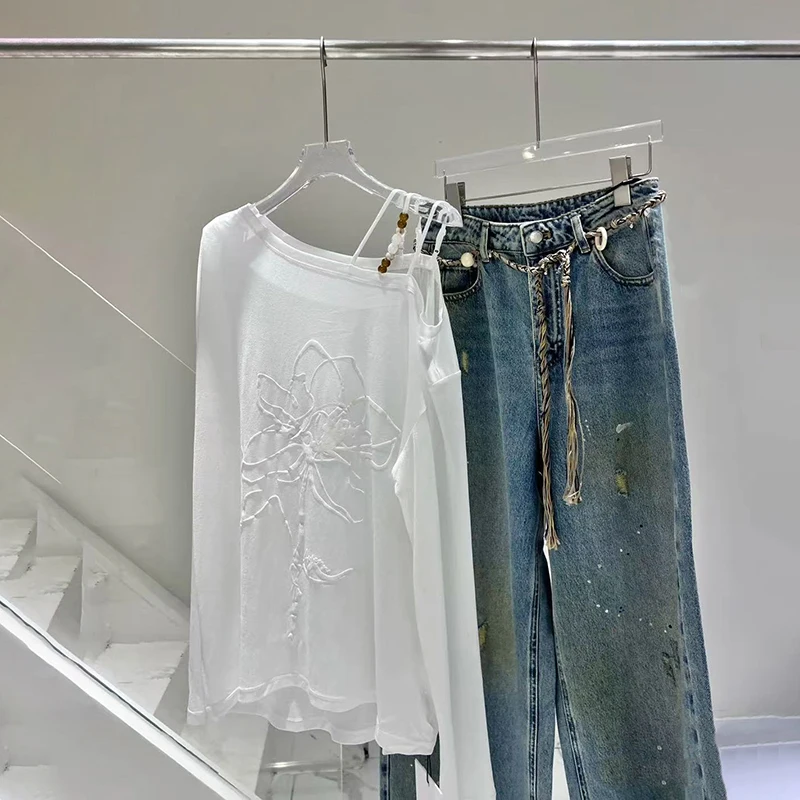 Cseta de Manga Larga de Alta Gama para Mujer, Hombros Descubiertos, Blanca, Hoada, Adeazante, Versátil, Estilo Casual,...