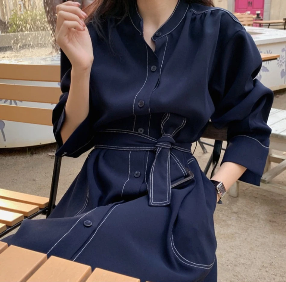 Neues Frühlings-Herbst-Einreihiges Damen-Hemdkleid mit Stehkragen, koreanischer Casual-Stil, gerade geschnitten, elegantes langes Kleid für Damen. – Detail 8
