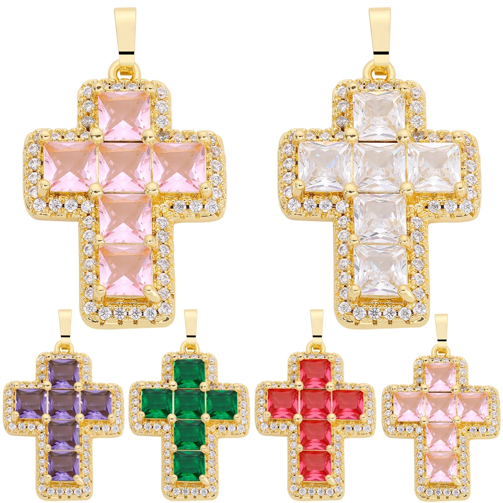 Juya 18K Real Gold Plated Religious Rosary Jewelry Components Handmade Cubic Zirconia Catholic Christian Crosses Charms Supplies