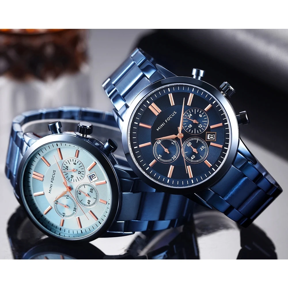 MINI FOCUS 0188 Men Quartz Watches Blue Business Simple Fashion Date Analog Display Stainless Steel Strap Wristwatches for Male