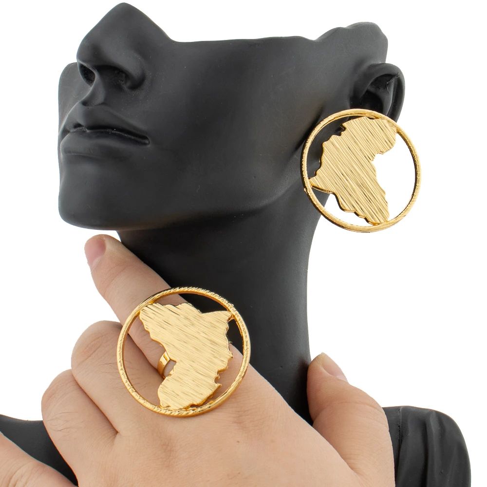 Women's African Map Design Statement Earrings & Adjustable Ring Set