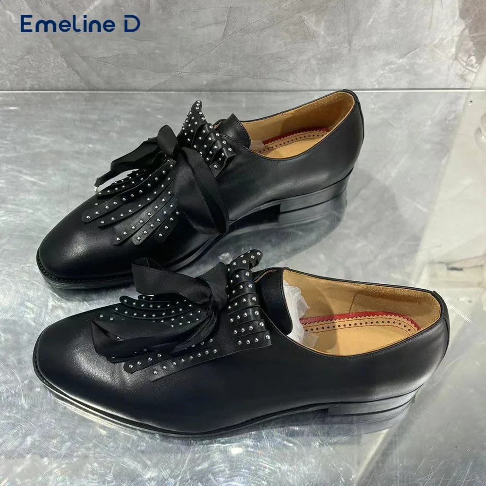 

Black Tassel Studded Leather Shoes with Ribbon Laces Slip-On Leather Casual Shoes Large Size Fashionable Business Men's Shoes