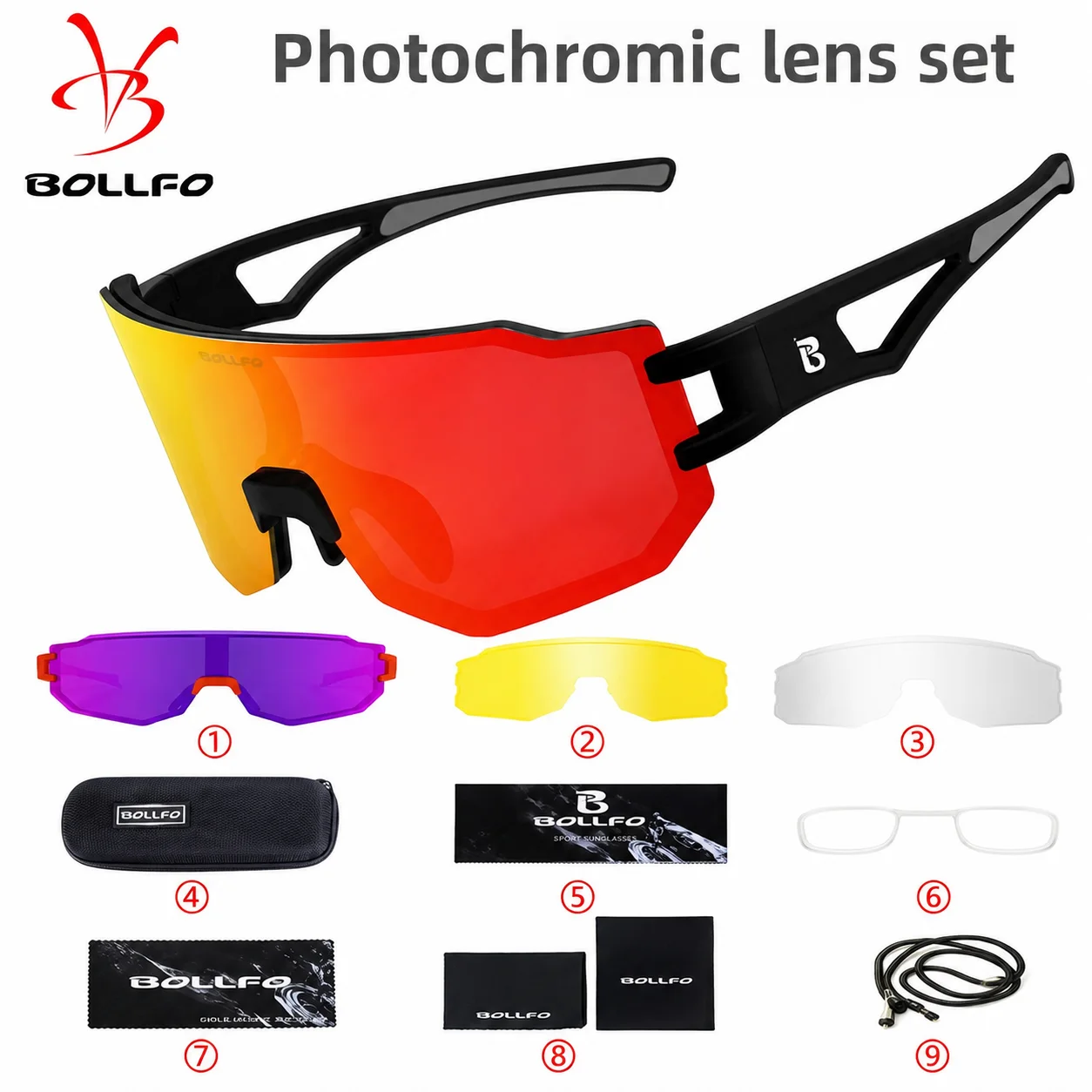 BOLLFO Cycling Sunglasses Interchangeable PC Lenses Photochromic UV400 Myopia Insert for MTB Road Bike Running Fishing Golf
