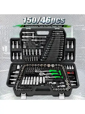 150/46Pcs Premium Heavy Duty CR-V Socket Wrench Ratchet Set, Multifunctional Auto Mechanical Repair Tool Kit with Storage Case