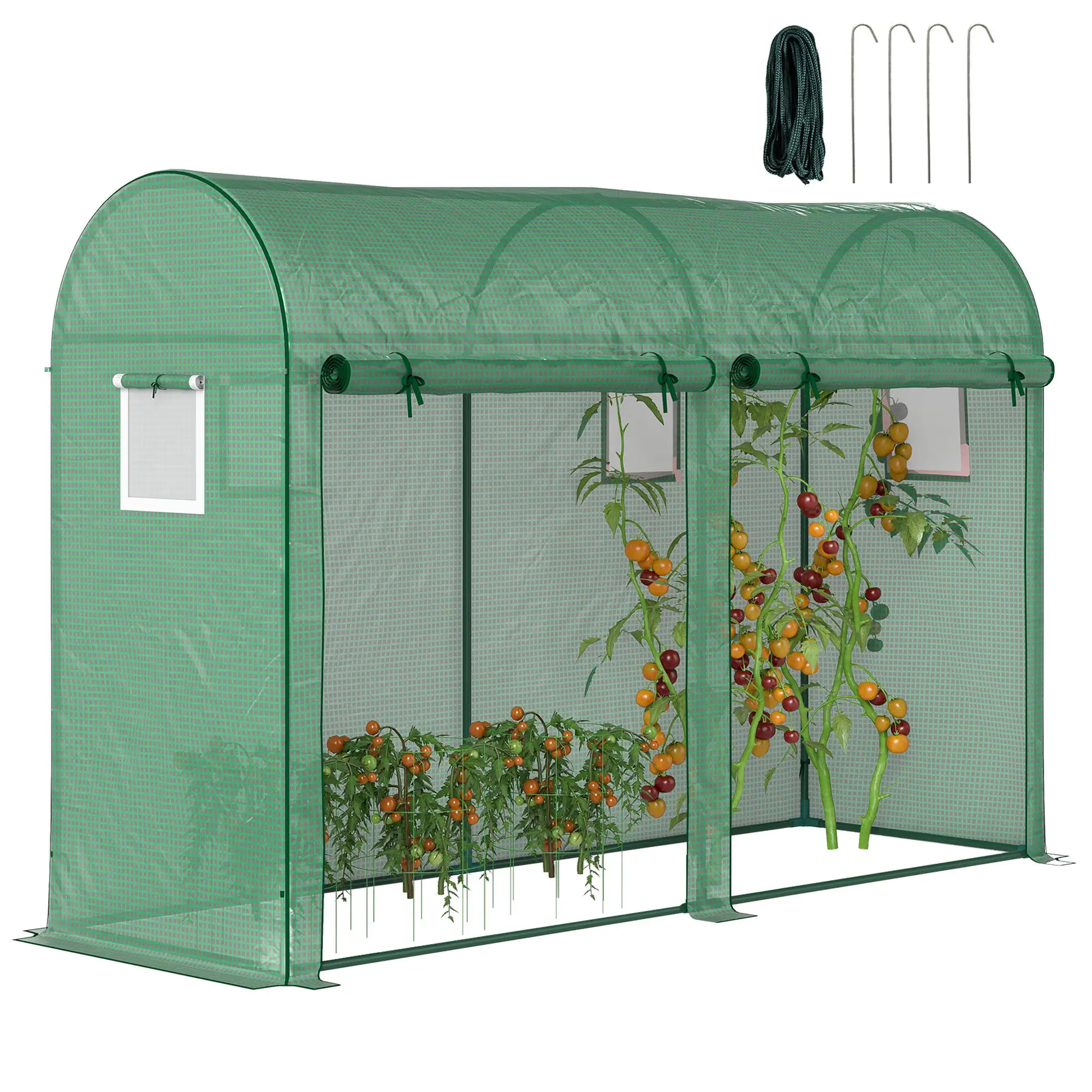 Outsunny Invernadero Caseta de Jardín Tipo Túnel Invernadero con 4 Ventanas y 2 Puertas de PE y Acero 300x100x200 cm Verde