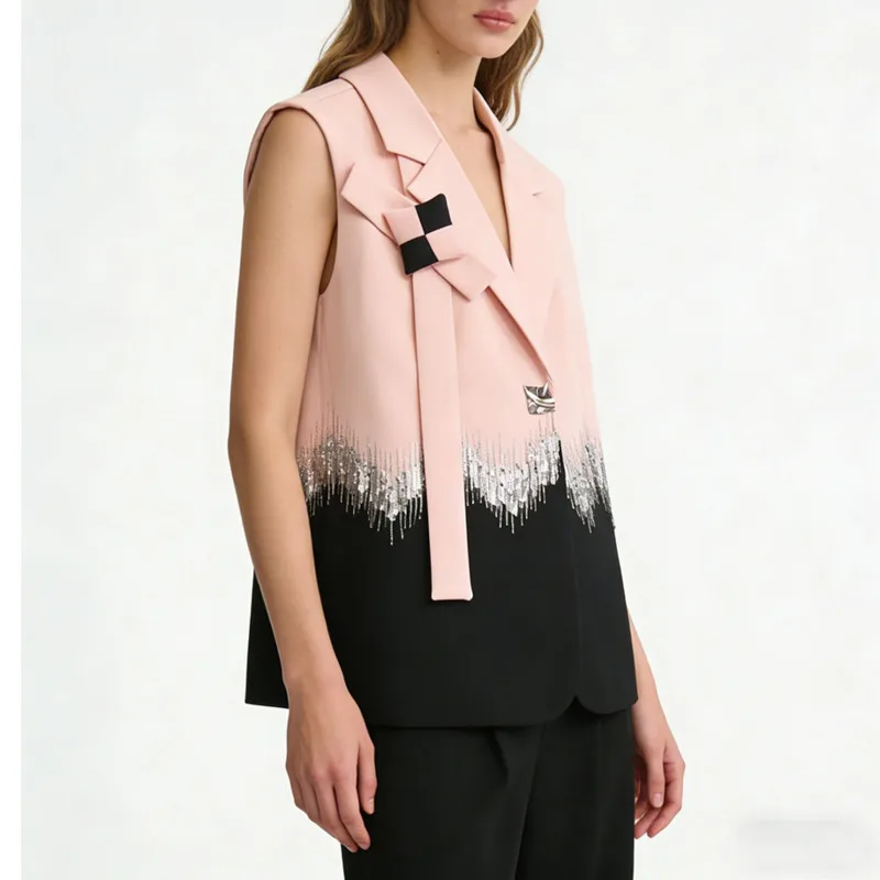 ANJY Summer New Women High-End Sleeveless Sequins Tassel Patchwork Notched Collar Vest Chic Tide Contrast Color Waistcoat A24249