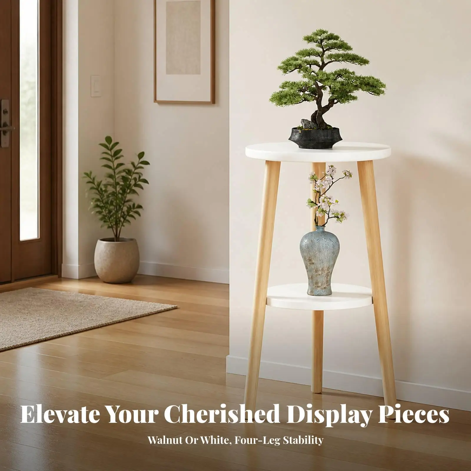 Plant Pot Stand Wood Display Shelf Two Tier Rack for Indoor Flowers Bonsai Holder for Entryway Living Room