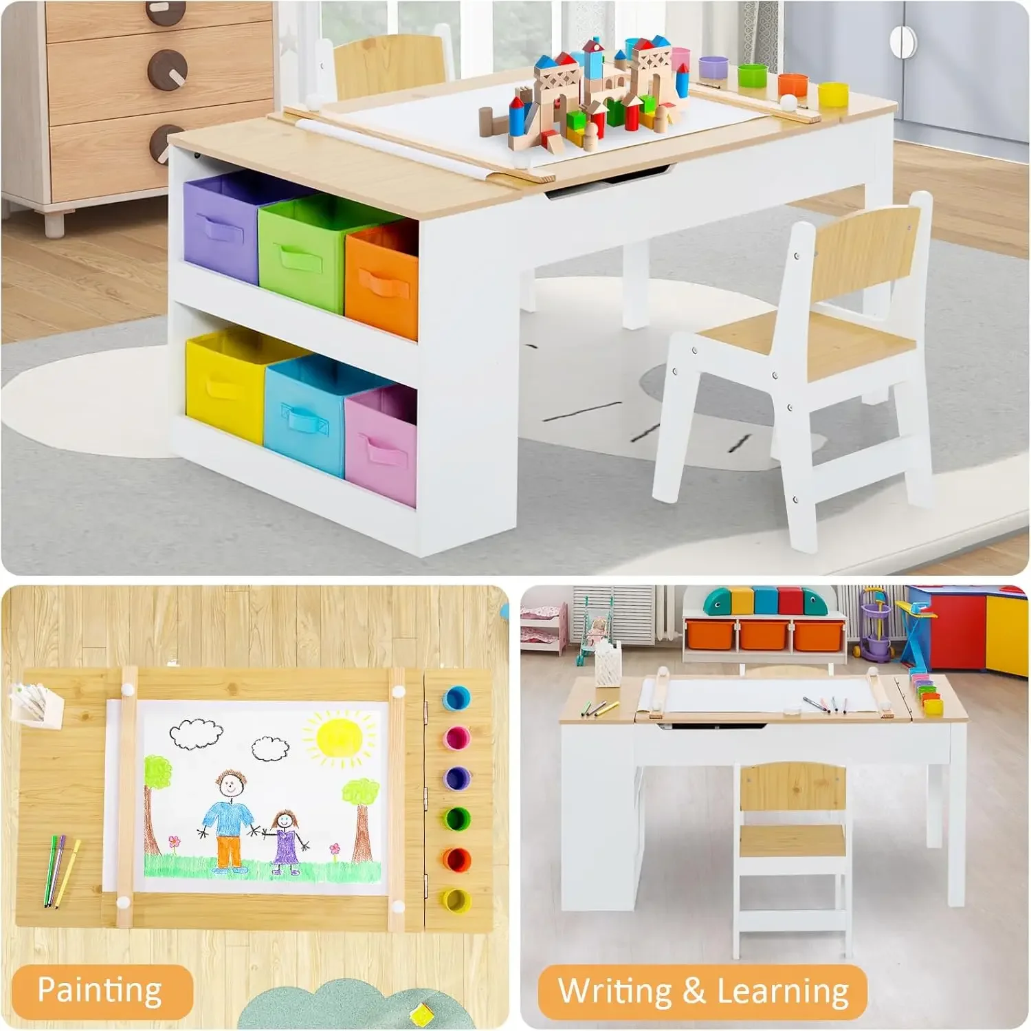 INFANS 3 in 1 Set tavolo e sedia d'arte per bambini, scrivania per attività in legno da gioco artigianale per bambini con 2 sedie contenitori in tela di stoccaggio rotolo di carta