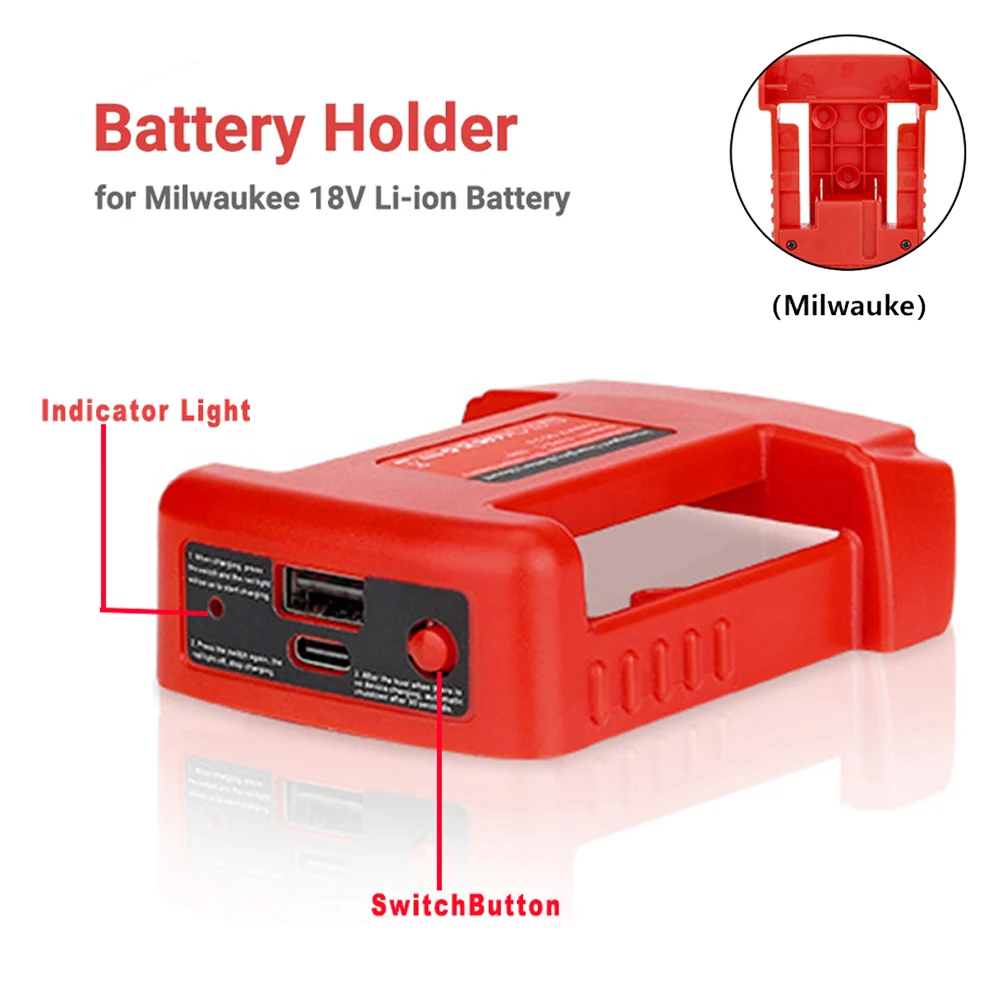 

Стойка для зарядного устройства для аккумулятора Milwaukee 18 В, портативный держатель для аккумулятора, адаптер с USB-портом и выходным портом Type-C, быстрая зарядка