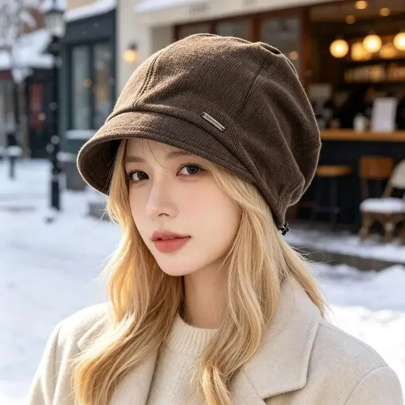 Korean Short Eave Caps for 2026 Winter Women Metal Decoration Warm Cotton Cold Hats Comfortable Windproof Women Slouchy Beanies
