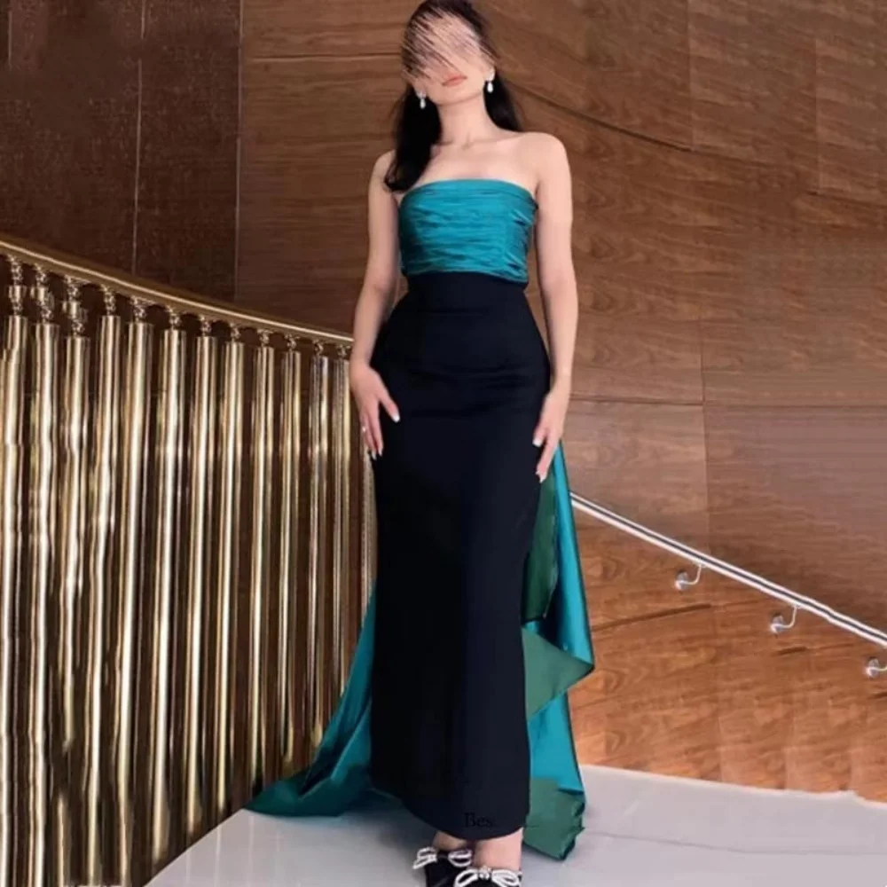 

Customized Exquisite Ruched Women Prom Dress Sexy Sleeveless Charming Mermaid Floor Length Party Dress Women Satin Evening Gown