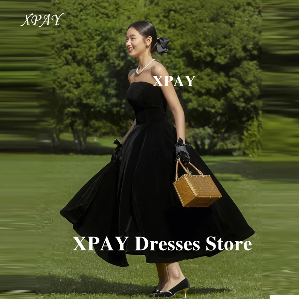 

XPAY Strapless Simple Tea Length Evening Party Dresses For Birthday Sweetheart Velvet Prom Gowns Photo shoot Wedding Customized