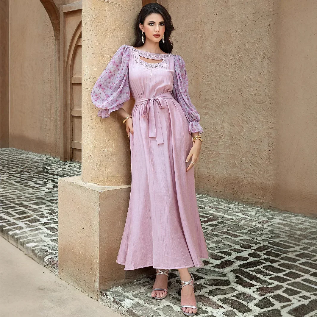 

Dubai Diamonds Print Abayas for Ramadan Women Muslim Dress Turkey Kaftan Eid Djellaba Islam Clothing Jalabiya Morocco Caftan New