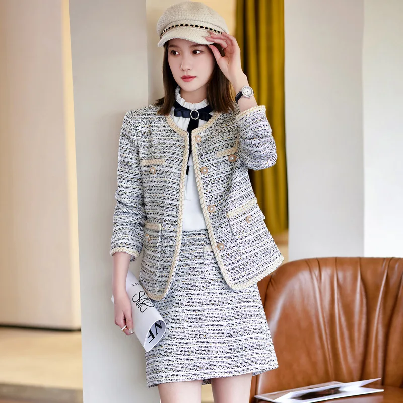 Women's 2 pieces tweed set woven jacket+A-line skirt new spring and autumn small fragrance style women's set