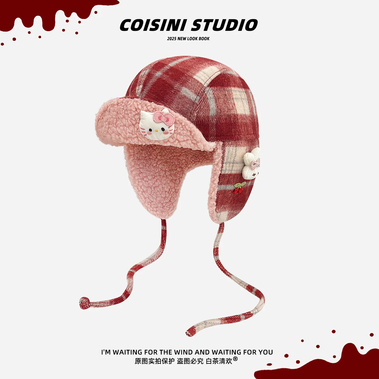 

2025 New Cute Cat Pink Plaid Bomber Hat Women Autumn and Winter Fleece Thicken Warm Plush Lei Feng Hats Ear Protection Cap Men