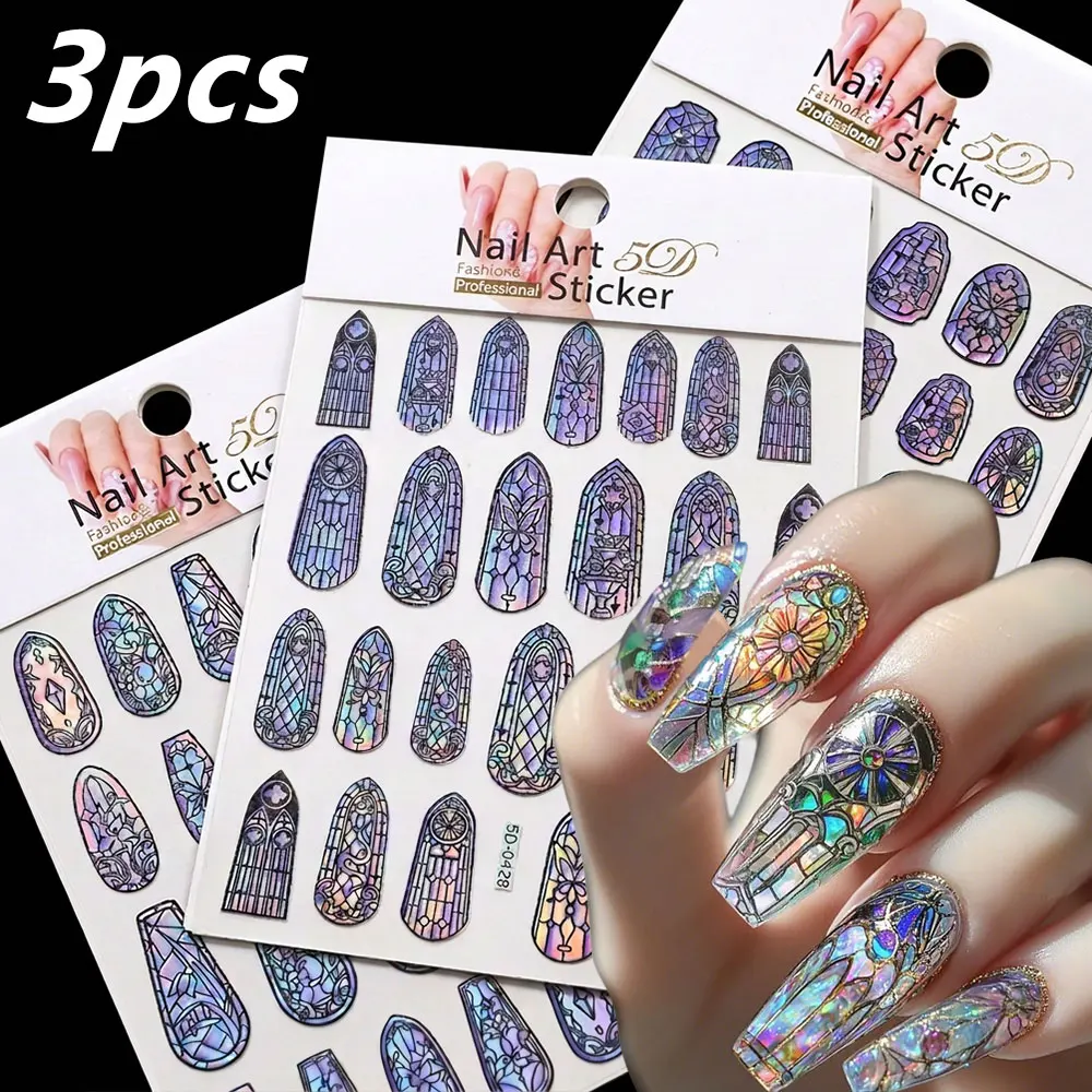 3Pcs 3D Full Cover Holographic Window Flower Nail Stickers Shiny Laser Retro Butterfly/Cross/Castle Nail Decals Adhesive Nail De
