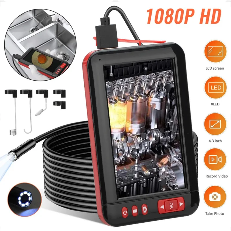 

1080P HD Industrial Endoscope Borescope 4.3'' Screen 8mm Inspection Snake Camera