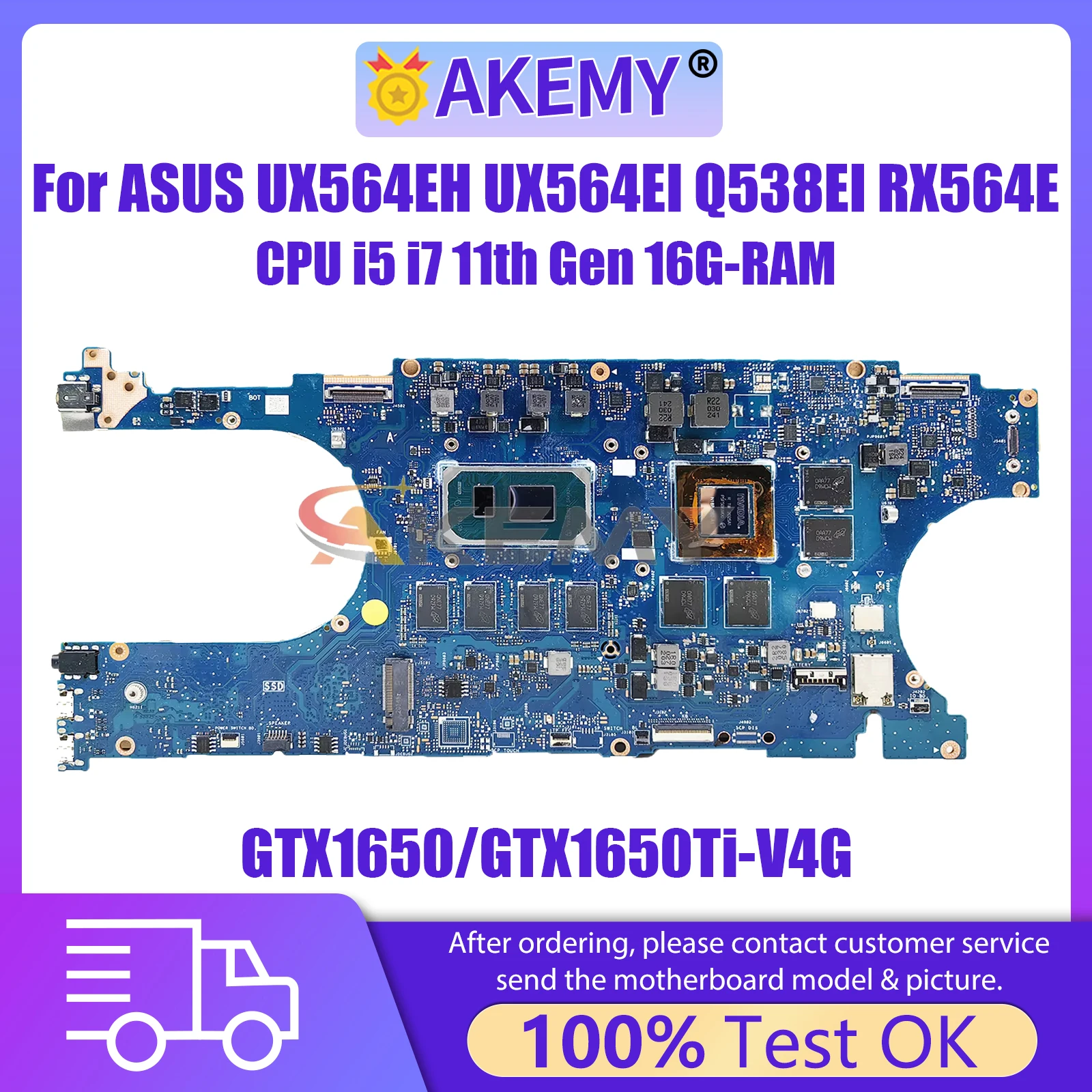 AKEMY UX564E Mainboard For Asus Zenbook Flip UX564EH UX564EI Q538EI Laptop Motherboard CPU i5 i7 11th 16G-RAM GTX1650/GTX1650TI