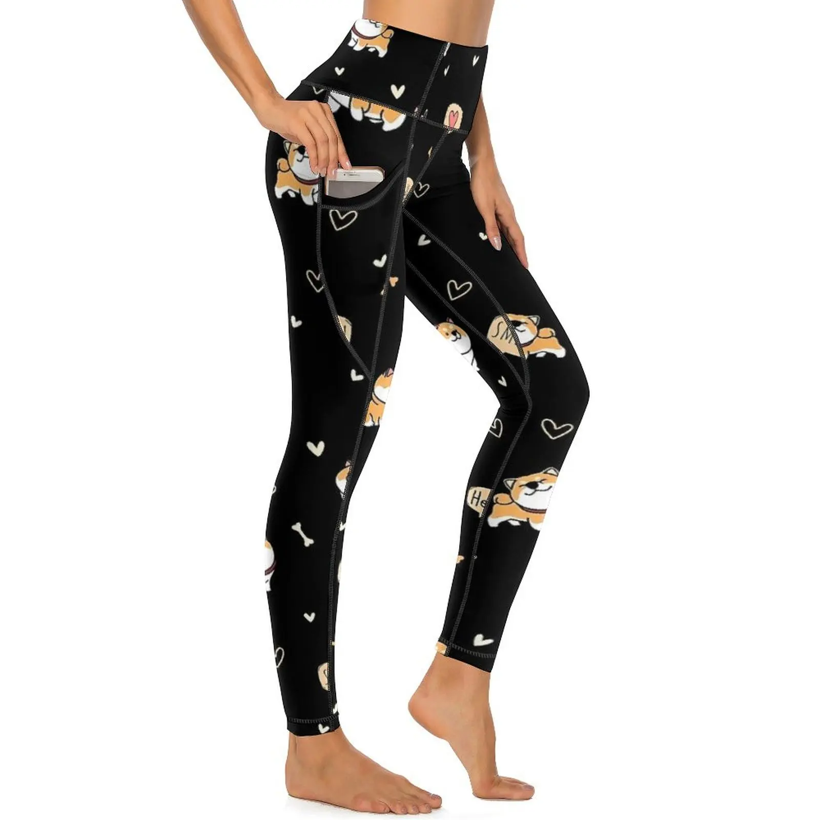 Cartoon Shiba Yoga Pants Pockets Funny Animal Leggings Sexy High Waist Sweet Yoga Sports Tights Stretchy Design Work Out Leggins