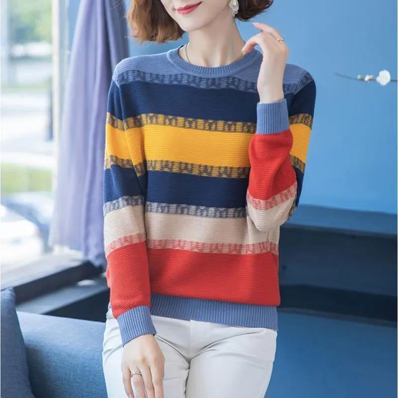 Women\'s Clothing Color Striped Knitted Sweaters Casual Long Sleeve Autumn Winter Round Neck Stylish Spliced Hollow Out Jumpers