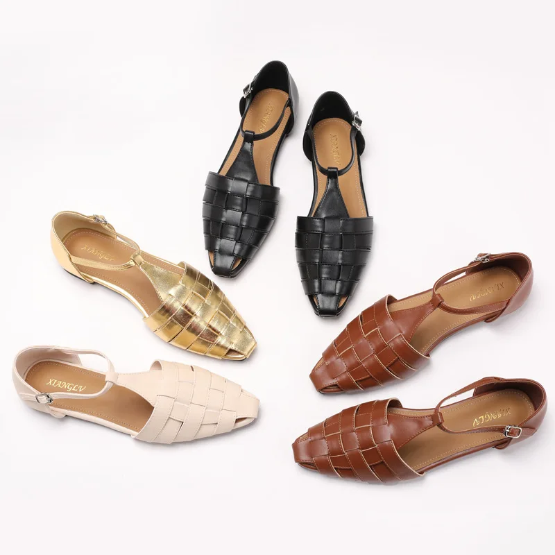 

Дышащие плетеные сандалии-клоги, летние туфли на плоской подошве, удобные, с квадратным носком, с открытыми боками, в римском стиле