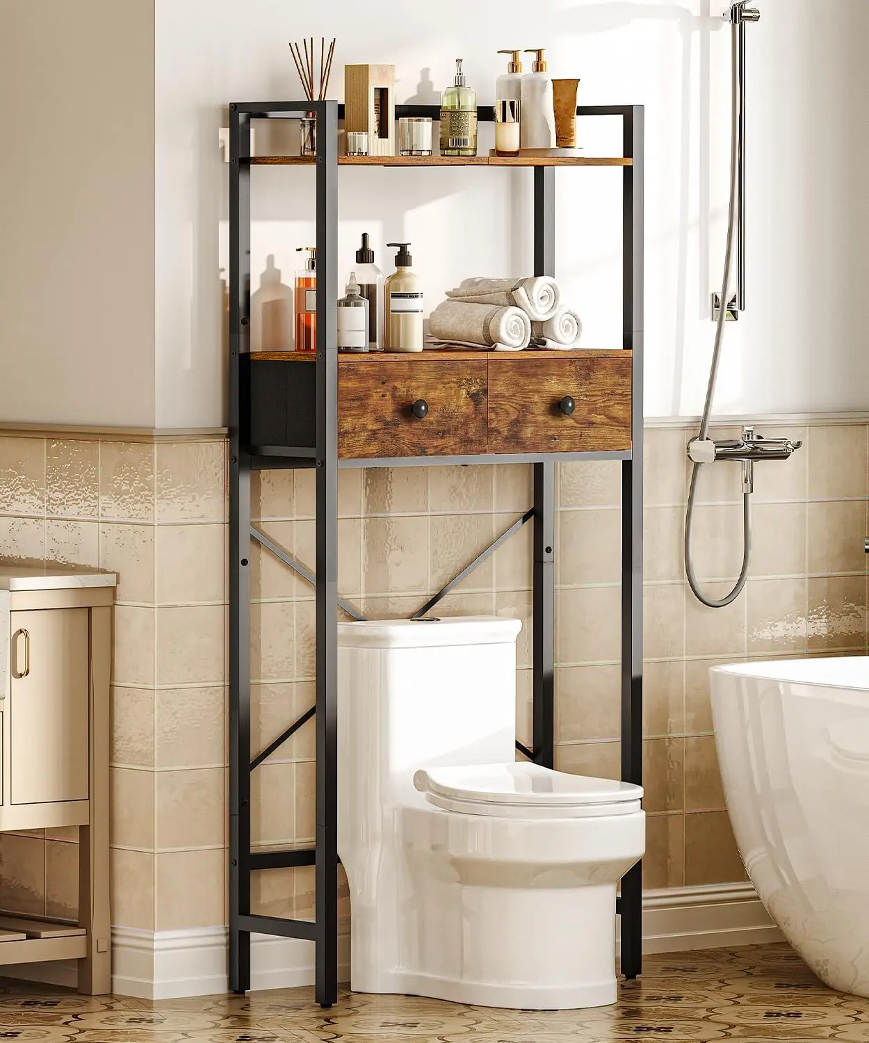 

Over The Toilet Storage Rack with 2 Drawers, 3-Tier Bathroom Organizer Shelf Over Toilet
