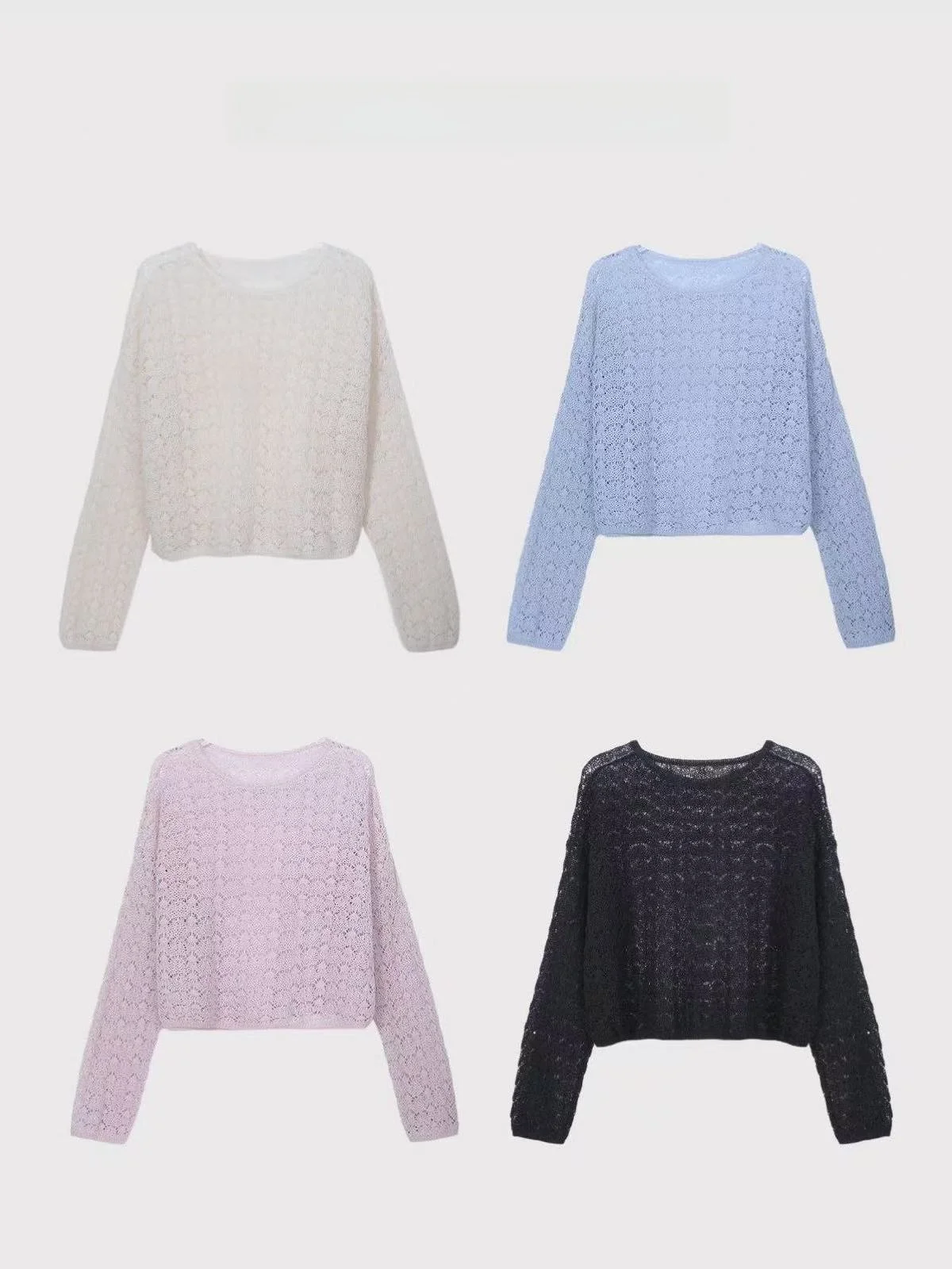

"Smoke Rain Rose" Knitted Long Sleeve round Neck Airy Feel Hollow out Paper Yarn Cover up Simple Basic Design Women...