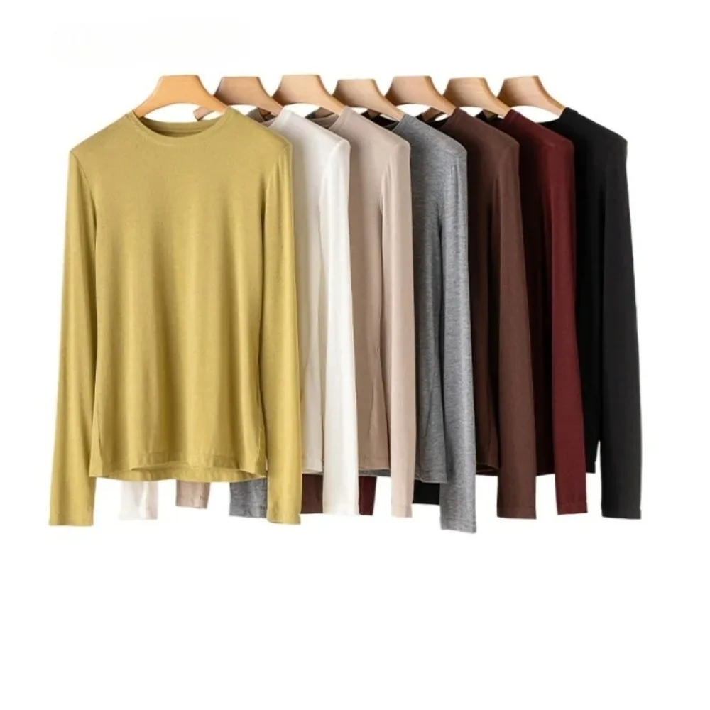 ملابس نسائية أوائل الربيع ناعمة خفيفة ورقيقة 30% صوف خفيفة الوزن ورقبة دائرية وأكمام طويلة بقصة ضيقة سترة قاع صلبة