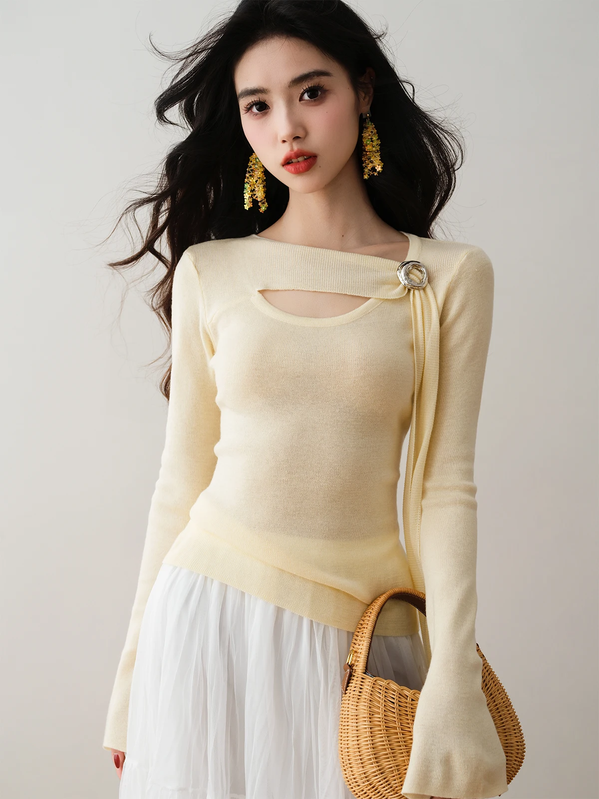 

Ronron Gentle Korean Style Knitted Sweater with Sash Slim Fit Long Sleeve Versatile Spring 2026 Women's Cotton Tunic Top