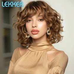 Lekker Ombre Blonde Short Wavy Bob 100% Human Hair Wigs With Bangs For Women Brazilian Remy Hair Clearance Colored Curly Wigs